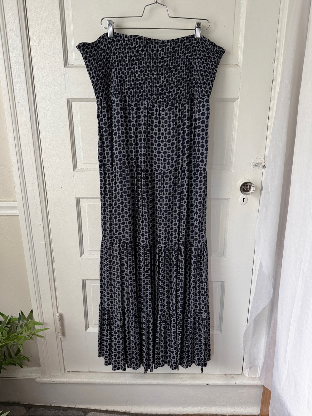 Chico's Navy & Gray Polka Dot Tiered Maxi Skirt Shirred Waist Flowy Boho Prairie
